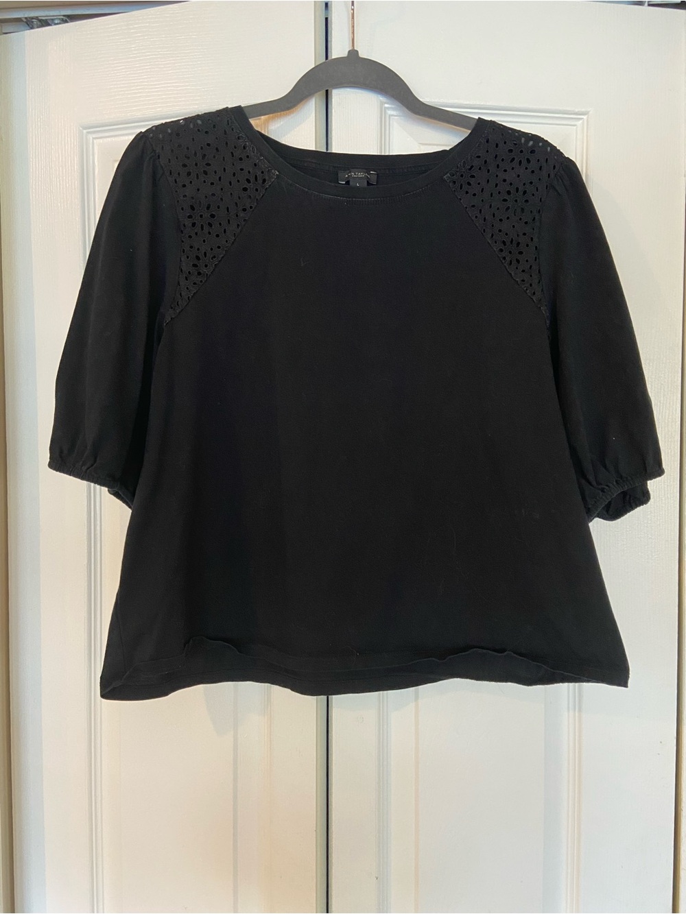 Ann Taylor Factory Black Puff Sleeve Eyelet Shoulder Top